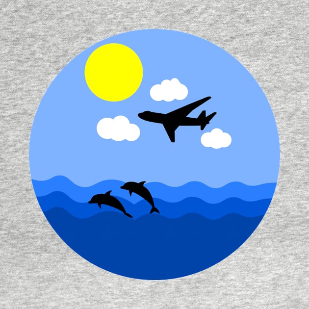 ocean dolphins aeroplane sky landscape by happieeagle